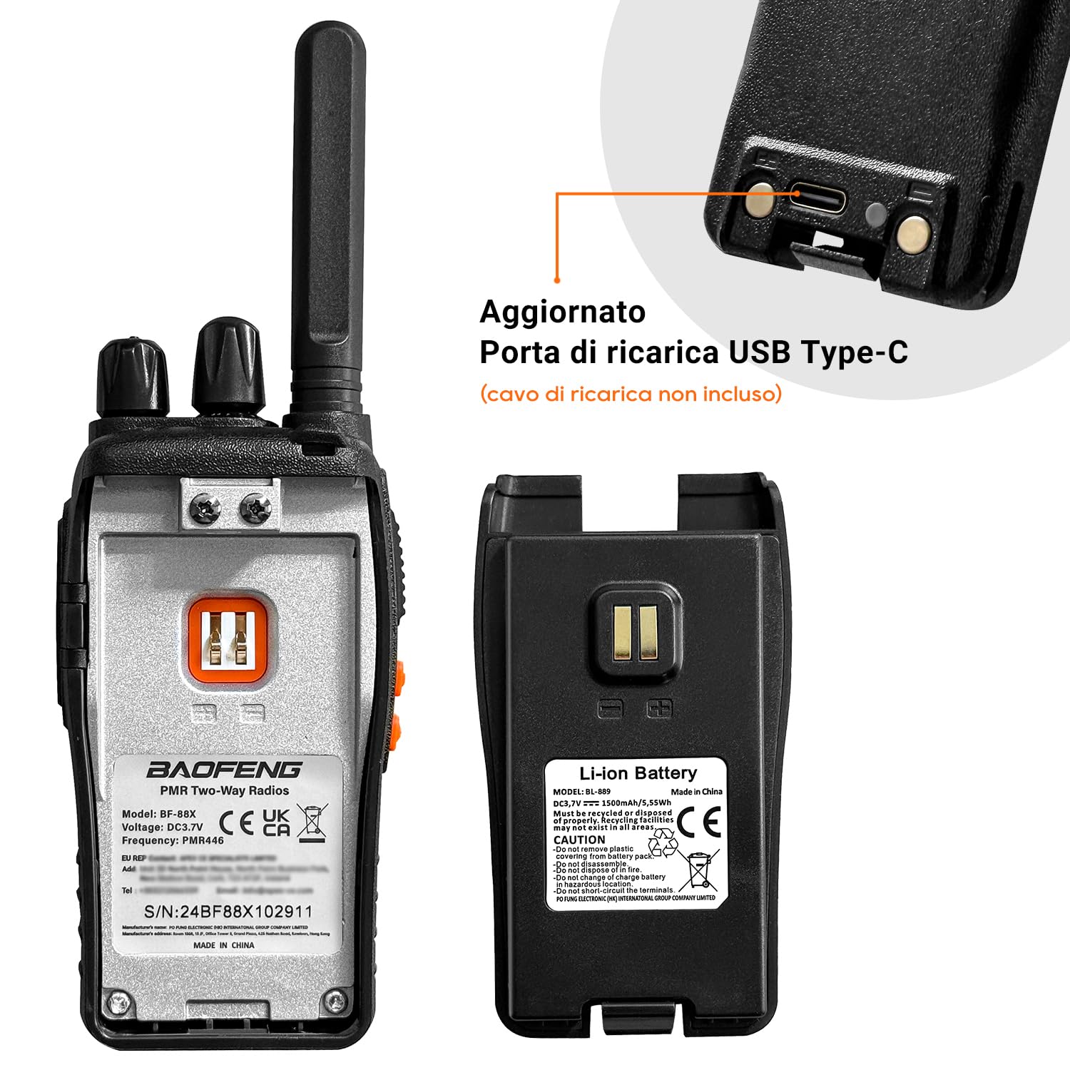 BF-88X Walkie Talkie PMR446 16 canali lunga portata con caricatore USB e auricolari