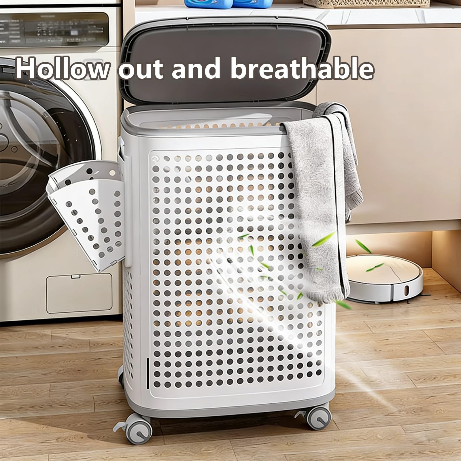 Cesto portabiancheria con coperchio e ruote, design portatile per un facile movimento, stile traforato con manico, ideale per camera da letto, bagno e dormitorio
