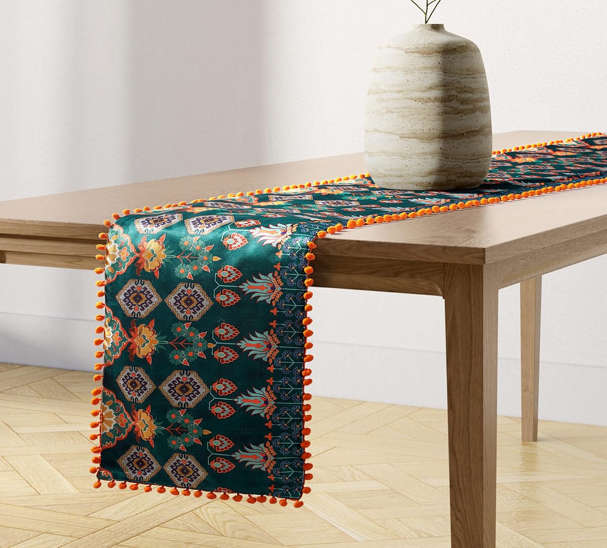 India Circus by Krsnaa Mehta Evergreen Essence Printed Micro Velvet 4 Seater Table and Bed Runner (94 x 14 inches)