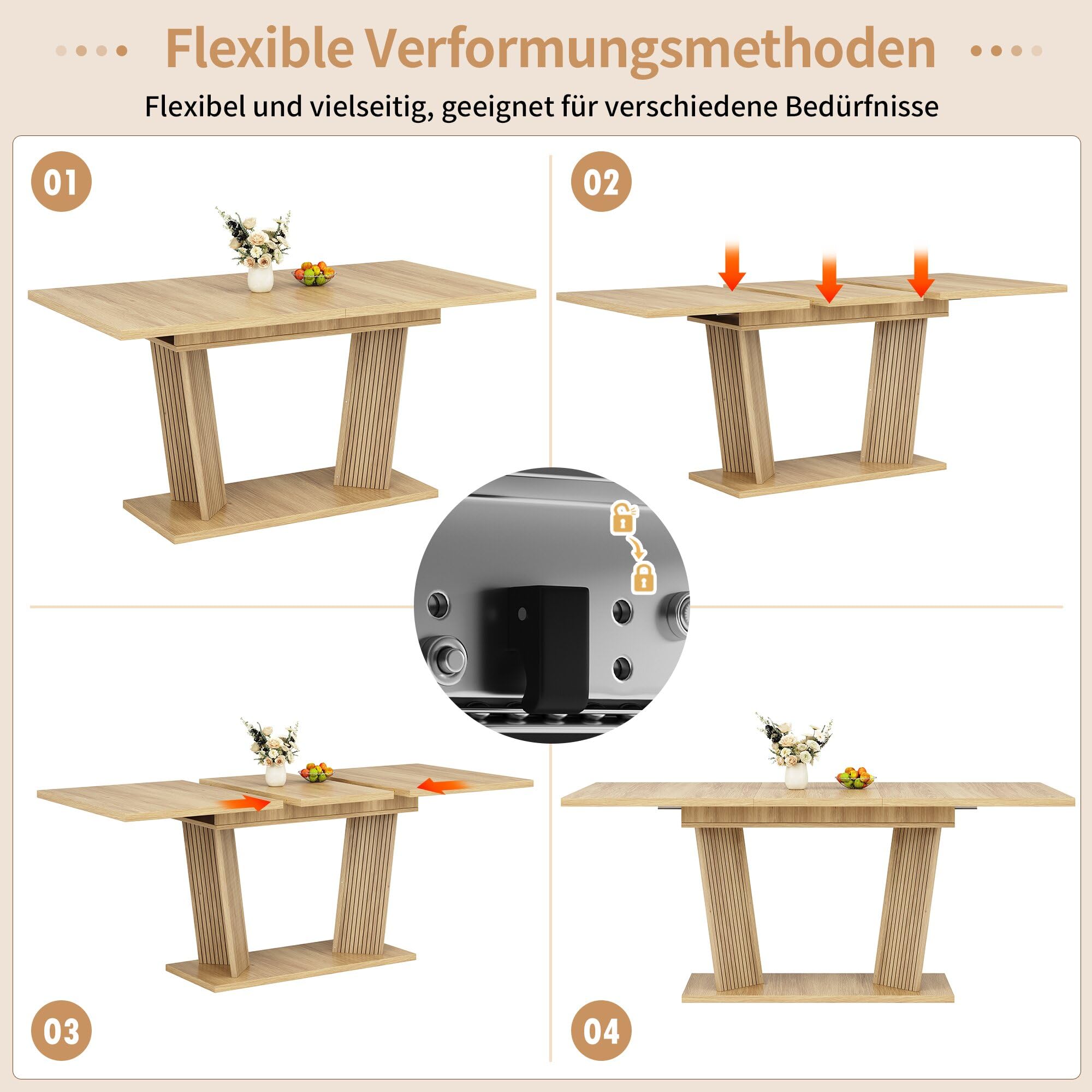 Merax Mesa de comedor extensible de 120 a 160 x 80 x 76 cm, moderna mesa de comedor con aspecto de madera maciza con base resistente y patas antideslizantes ajustables, ahorra espacio en espacios