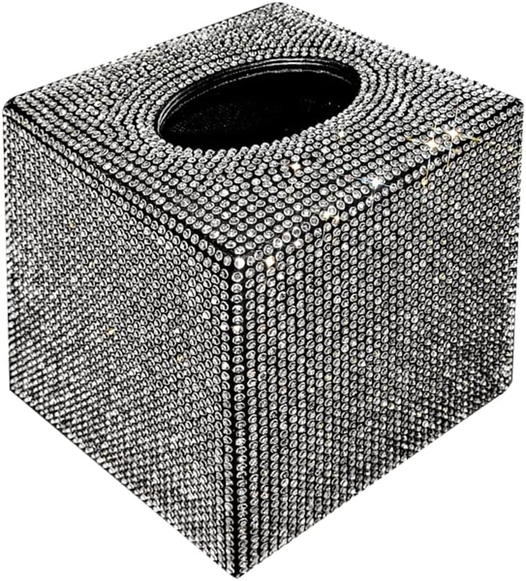 Bling Tissue Holder with Crystal Rhinestone Square Tissue Storage Box Fashion Tissue Container Glitter Diamond Tissue Organizer Facial Napkin Dispenser for Car Home Bedroom Dresser Night Stands