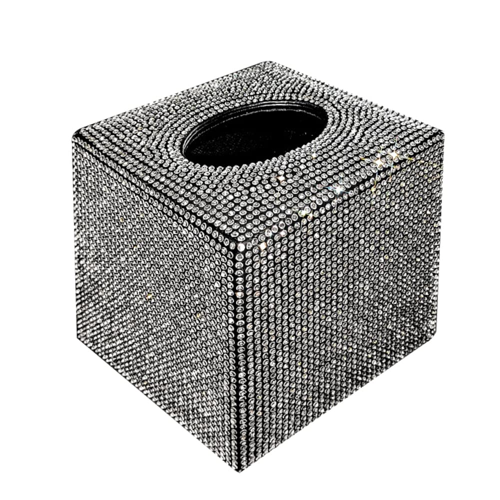 Bling Tissue Holder with Crystal Rhinestone Square Tissue Storage Box Fashion Tissue Container Glitter Diamond Tissue Organizer Facial Napkin Dispenser for Car Home Bedroom Dresser Night Stands