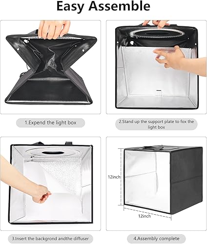 Miniatura 8 de LUXCEO - Caja de luz para fotografía, kit de caja de luz de fotografía de producto de 12 x 12 pulgadas con caja de luz CRI 95+ para fotos, 120 luces