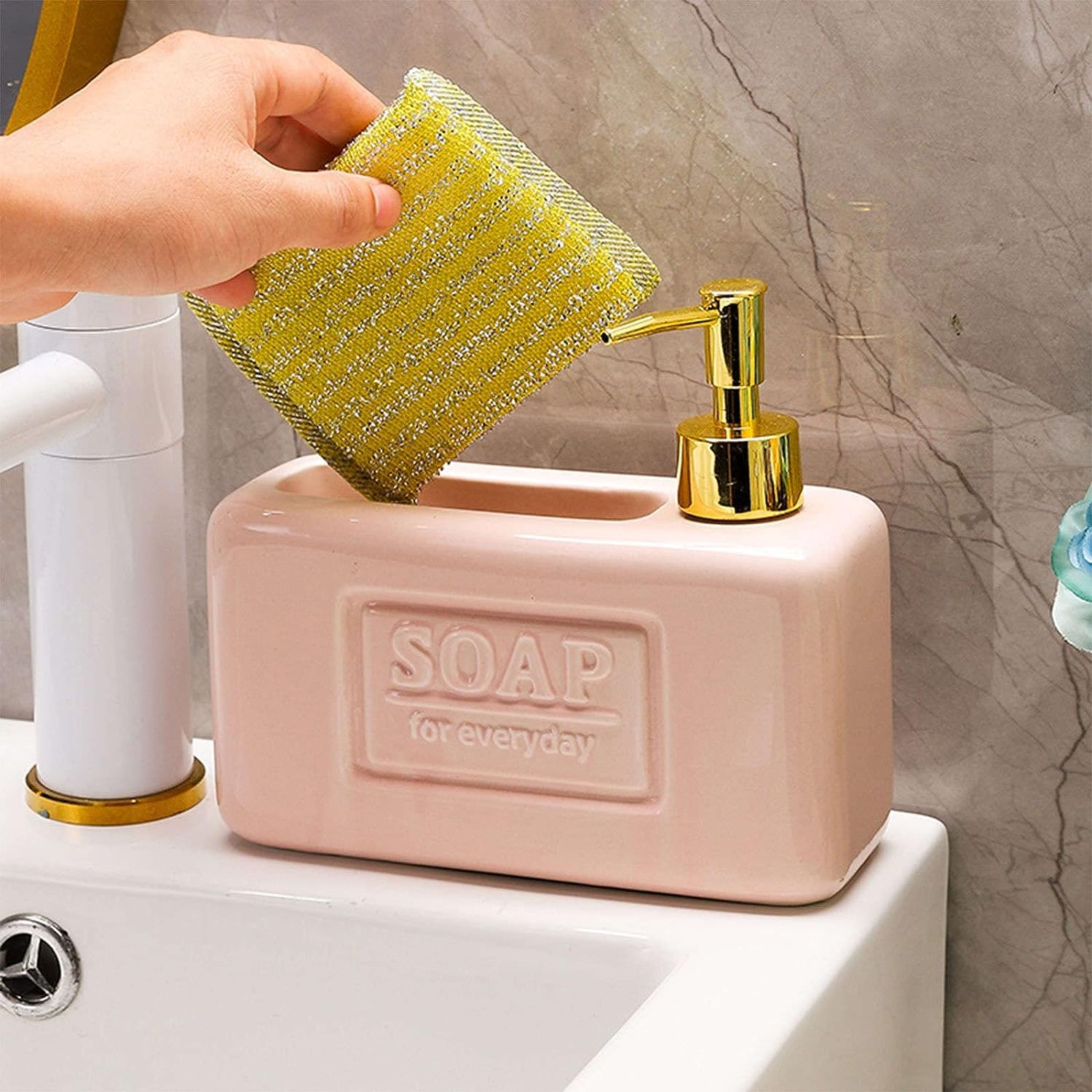 LekLai Dispenser di Sapone,Dispenser di lozione Quadrato in Ceramica retrò, Dispenser di Sapone for Le Mani, Dispenser di Shampoo Ricaricabile, Cucina bagno-rosa-18.5x17x7.5cm (Color : Roze)