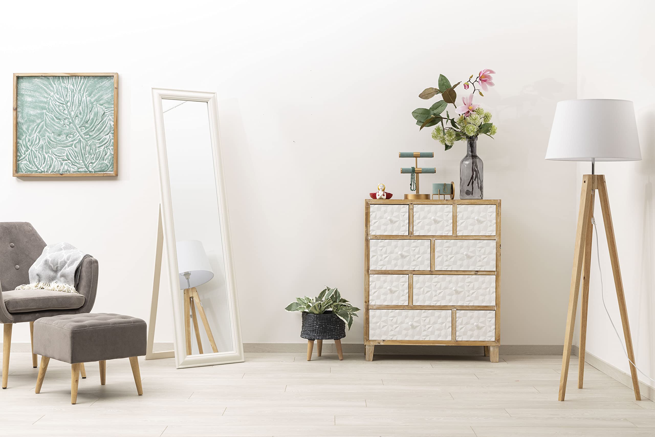 Montemaggi Specchio da Terra con inclinazione Regolabile in Legno Bianco Opaco. Bellissima specchiera in Stile Shabby Chic. Dimensioni: 43,4X4,5X163 cm