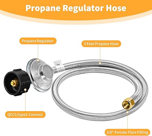 Miniatura 3 de GasSaf Regulador de propano trenzado de acero inoxidable de 12 pies con manguera, regulador de parrilla universal de repuesto para regulador de