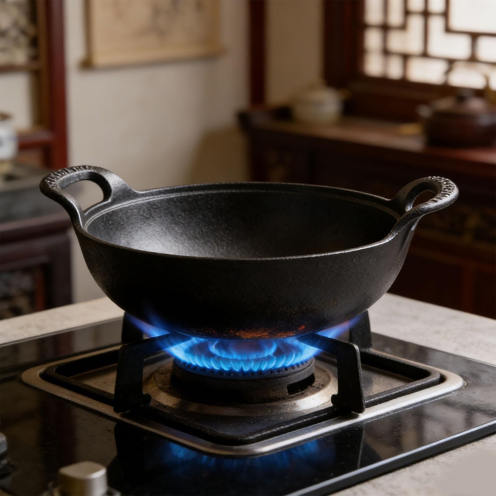 Socobeta Żeliwna Patelnia Wok z powłoką zapobiegającą Przywieraniu, do Płyt Indukcyjnych z Drewnianymi Uchwytami Pokrywy, Wykonana z Czystego żelaza, 11,8 X 11,8 X 3,7 Cala (30 cm /, cala)