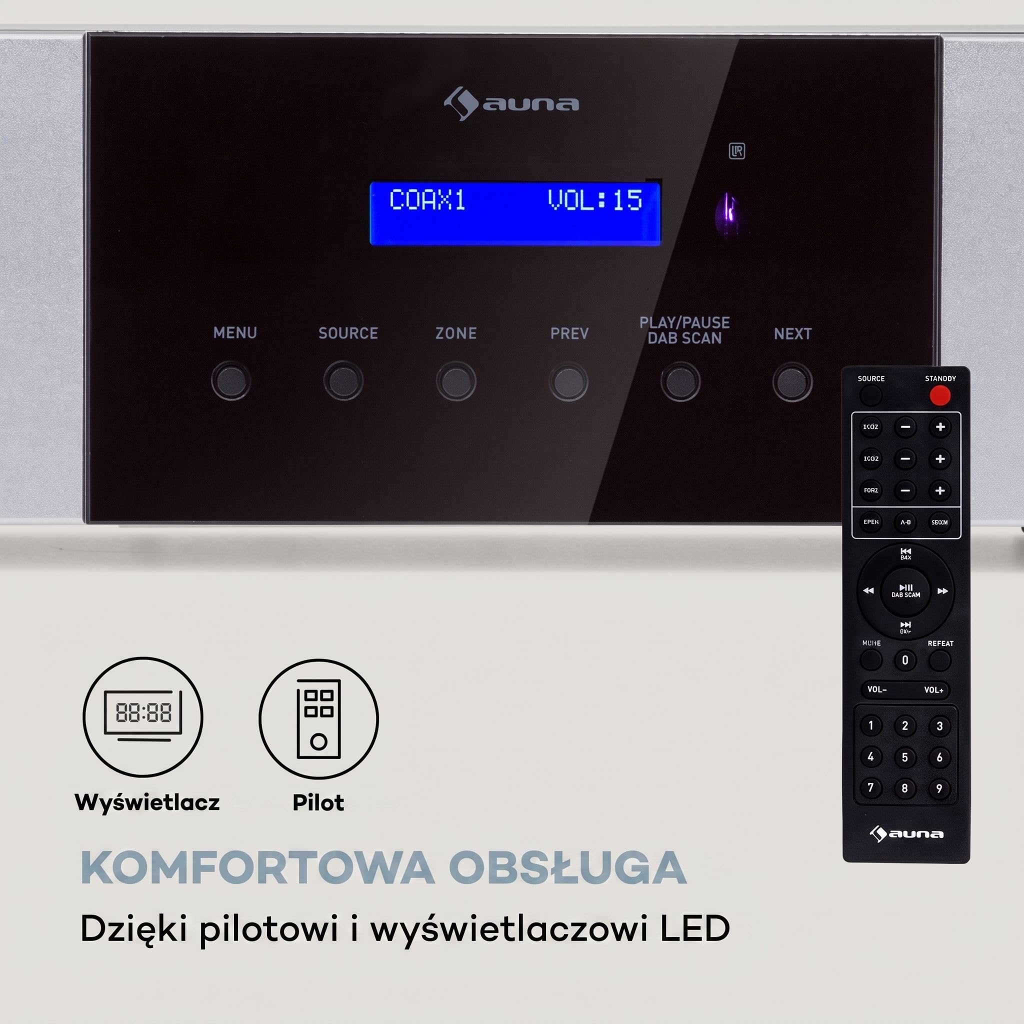 Auna AMP-4000 - Amplificatore stereo HiFi, radio DAB+, telecomando USB, con display LED, nero-bianco