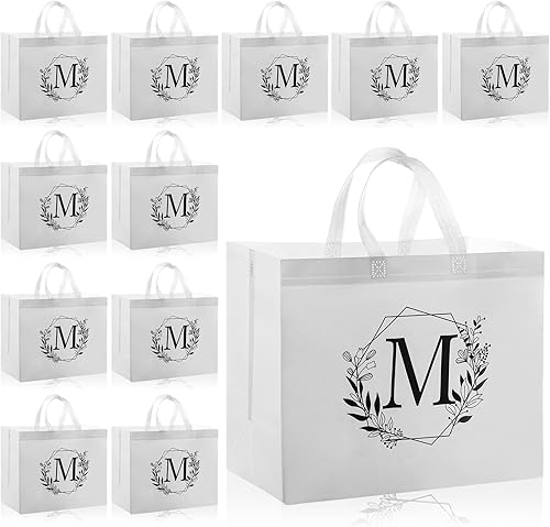 Clysee 12 bolsas de comestibles con letras iniciales con asas reforzadas, bolsa reutilizable no tejida, bolsa plegable de gran capacidad, bolsa de