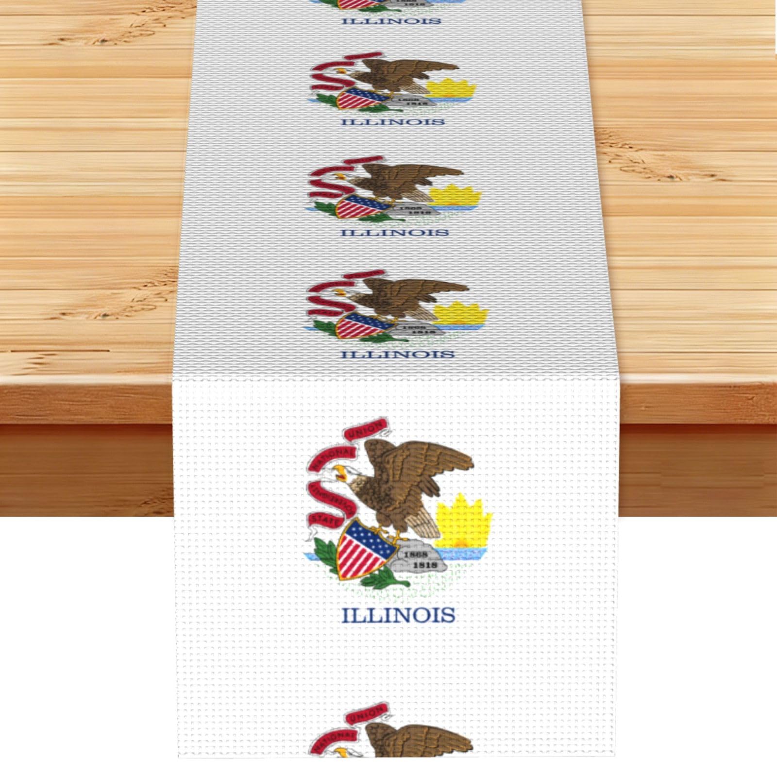 Illinois State Flag Linen Look Table Runner 13x72-Wrinkle Resistant Farmhouse Style for Dining Table Decor