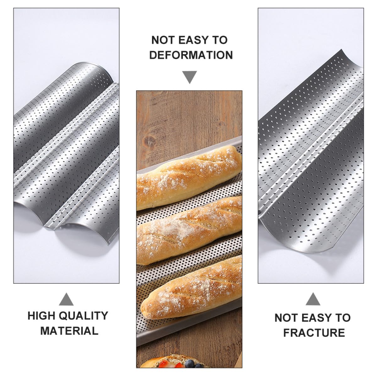 TOYANDONA Molde para Hornear Pan Francés Antiadherente de Acero Inoxidable Pack 2 Piezas 3 Ranuras Mediano 2 Ranuras Pequeño Sartén Perforada para Repostería y Uso Doméstico