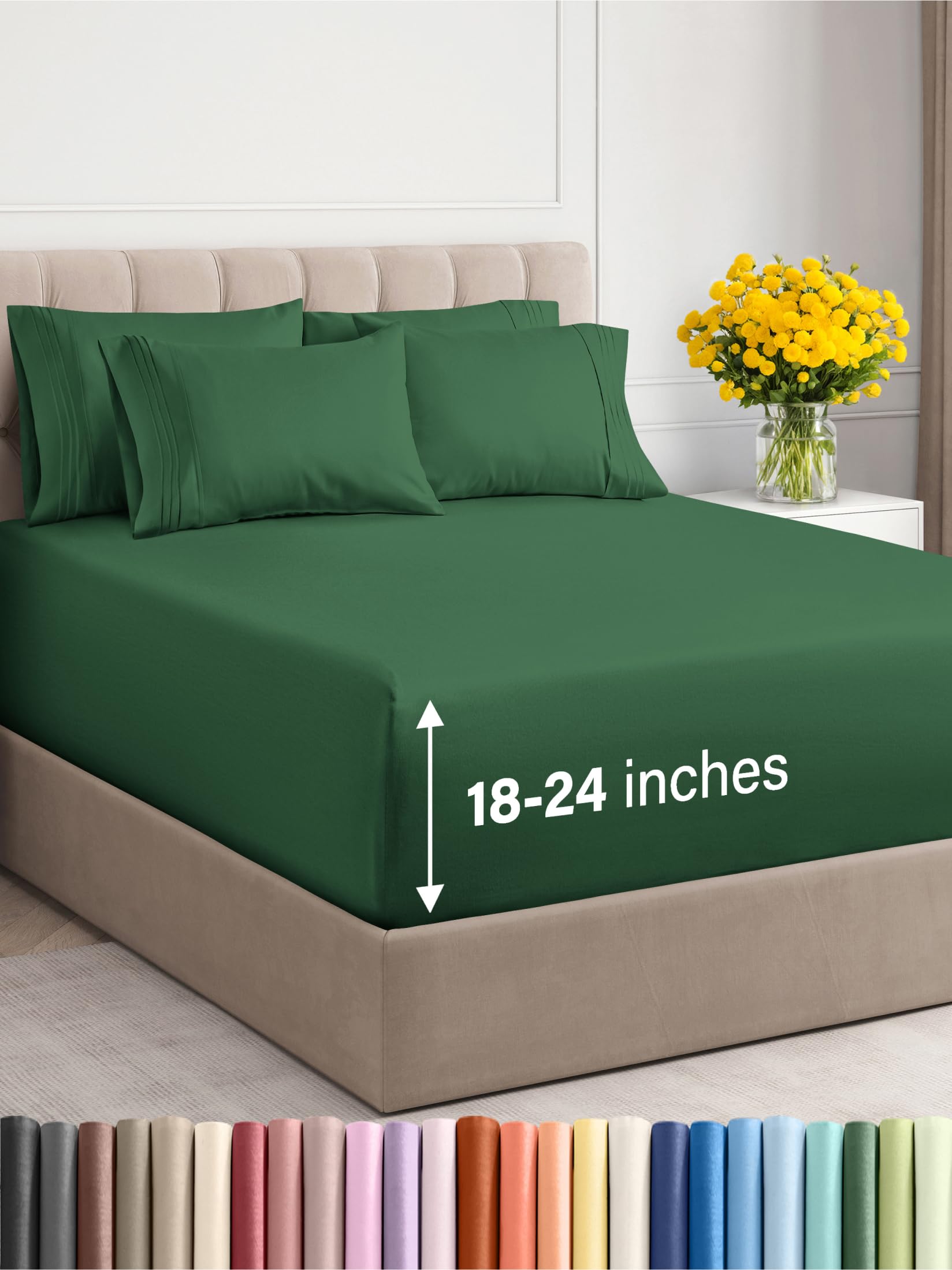 Extra Deep King Sheet Set - 6 Piece Breathable Cooling Sheets - Hotel Luxury Bedding Set w/18-24 Inch Extra Deep Pockets - Easy Fit - Super Soft, Wrinkle Free and Comfy - Emerald Green, King Size