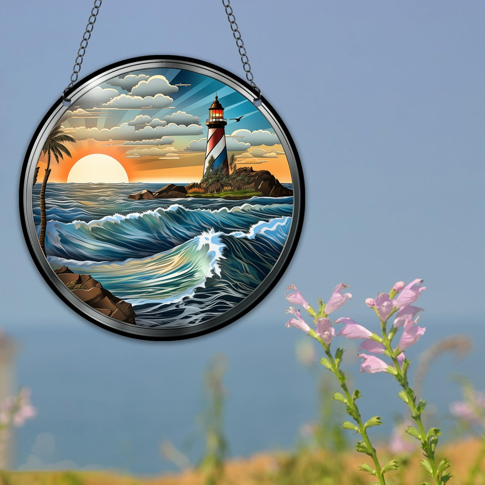 HOTIYOK Leuchtturm-Fensterbehang, Acryl, Meer, Sonnenaufgang, Landschaft, Buntglasplatten, Wanddekoration für Innenbereich, ideales Einweihungsgeschenk, Heimdekoration für Mutter, Oma, Ehefrau, Lehrer