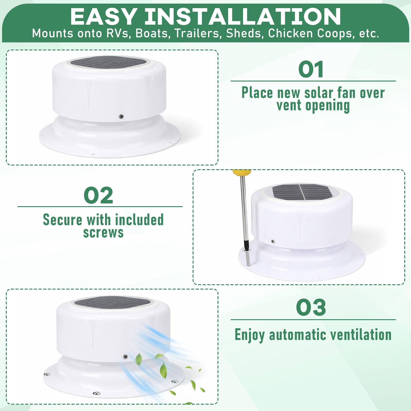VIHOSE Wentylator solarny do kampera, biały, ABS, zasilany energią słoneczną, wentylator wyciągowy do kampera, kampera, szopy, przyczepy, kurnika, domku dla psów, ze śrubami montażowymi, łatwy montaż