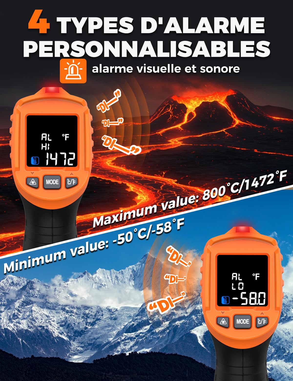 4 en 1 Thermomètre infrarouge professionnel POROMETISTO, 4 réglages d'alarme de qualité industrielle, -50 °C à 800 °C pyromètre laser thermometre infrarouge numérique avec sonde K et écran LCD couleur