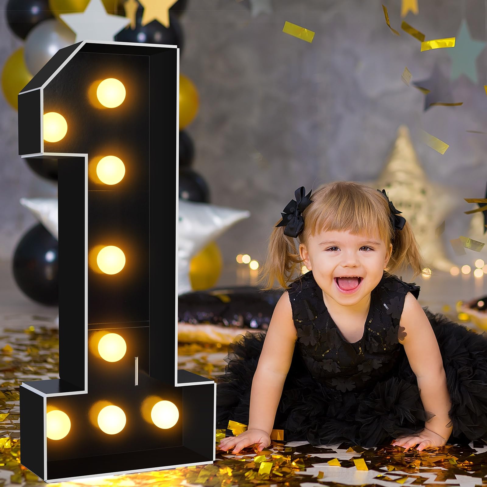 Photo 1 of 2.3ft Black Marquee LED Light up Numbers Giant LED Marquee Numbers for Birthday Decorations Baby Shower Backdrop Decor DIY Numbers Lights Pre Cut Foam Board Kit Anniversary Supplies (Number 1)