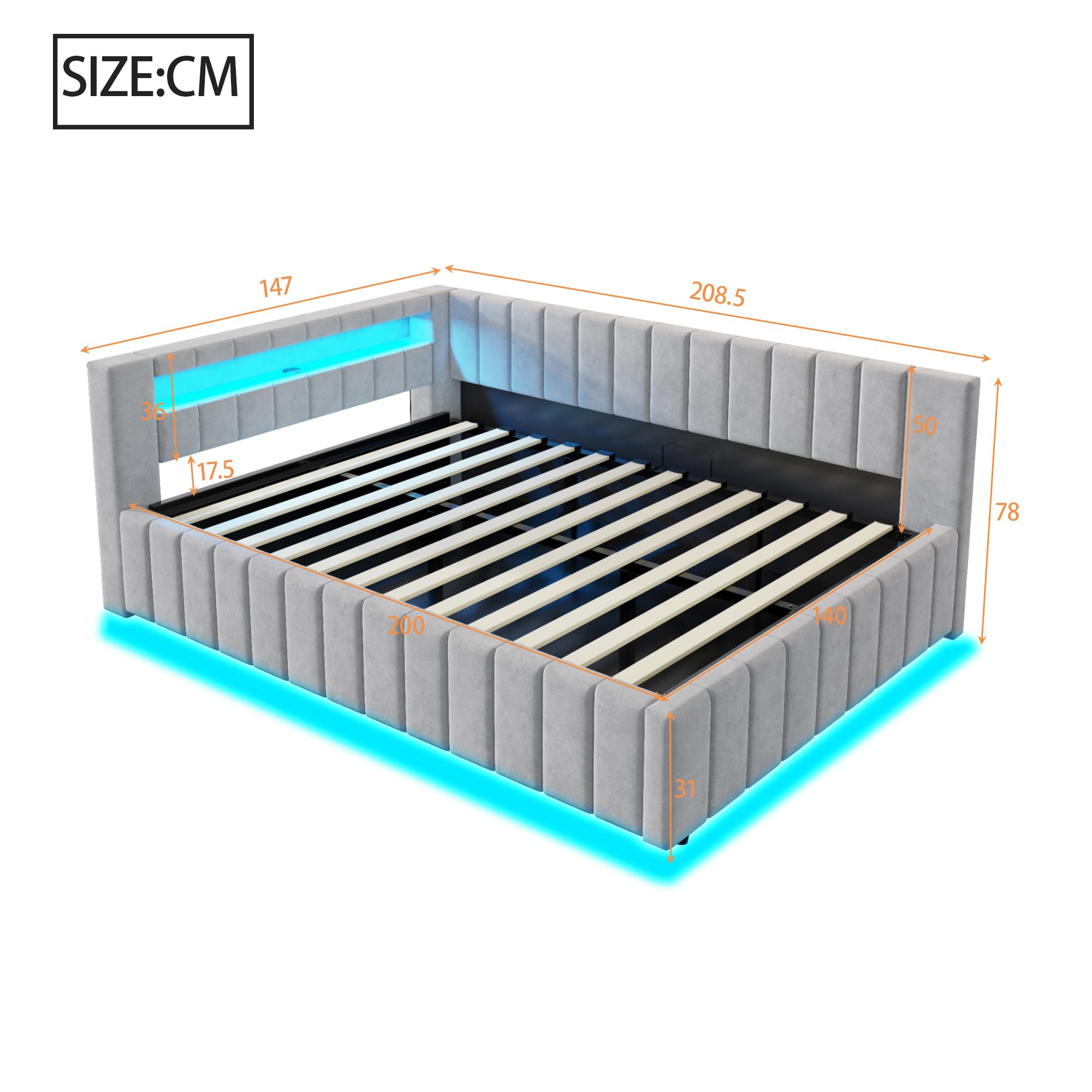Polsterbett Schlafsofa 140x200, Doppelbett mit Hydraulischem Stauraum, mit LED-Licht und USB-Ladefunktion, Tagesbett Jugendbett mit Lattenrost, Samtstoff, ohne Matratze, Hellgrau