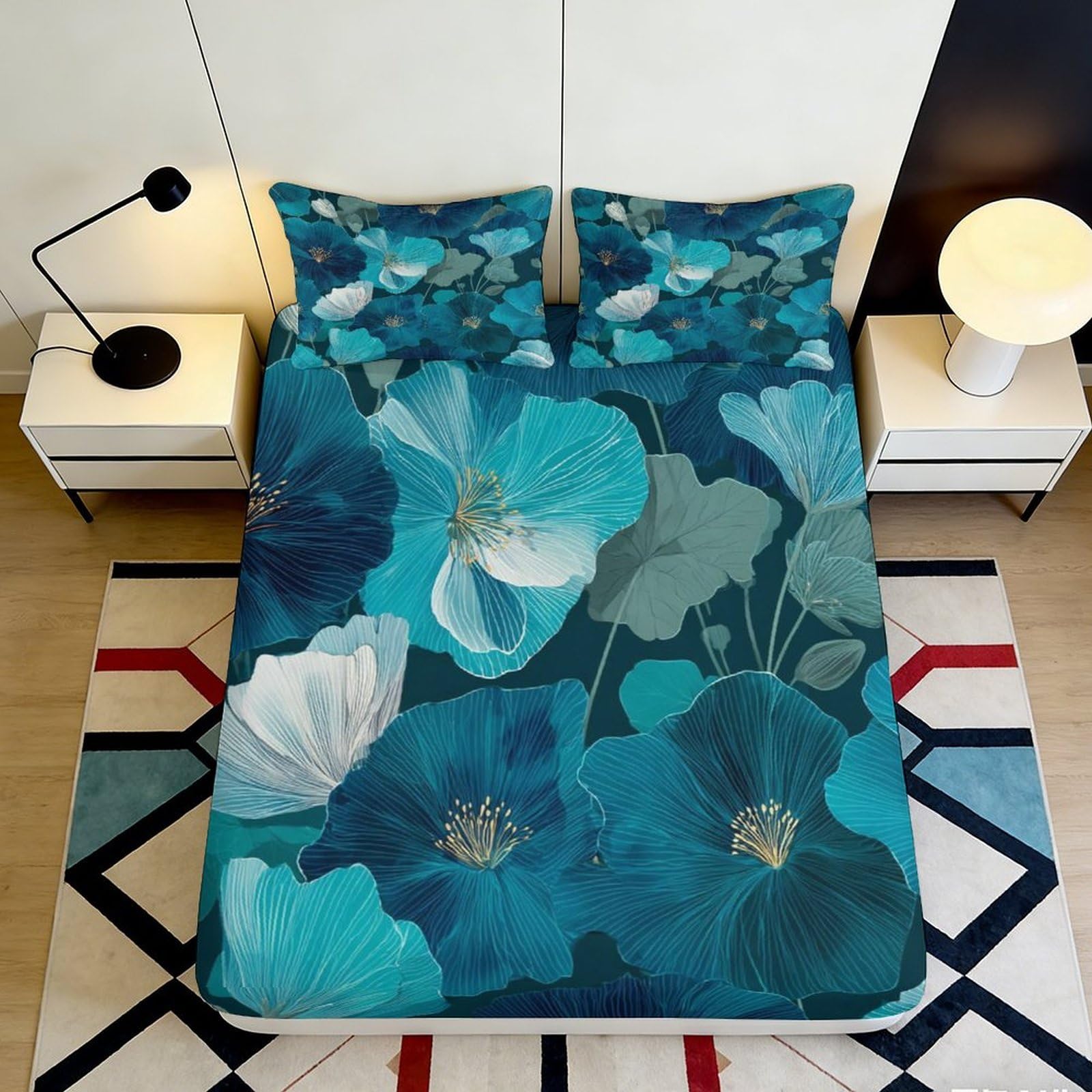 K1r3d9e5 Style-7 3D Printed Blue Floral Fitted Sheet Microfiber Soft Bedroom Decor Abstract Botanical Mattress Cover For Home Guest Room 90X200x25cm