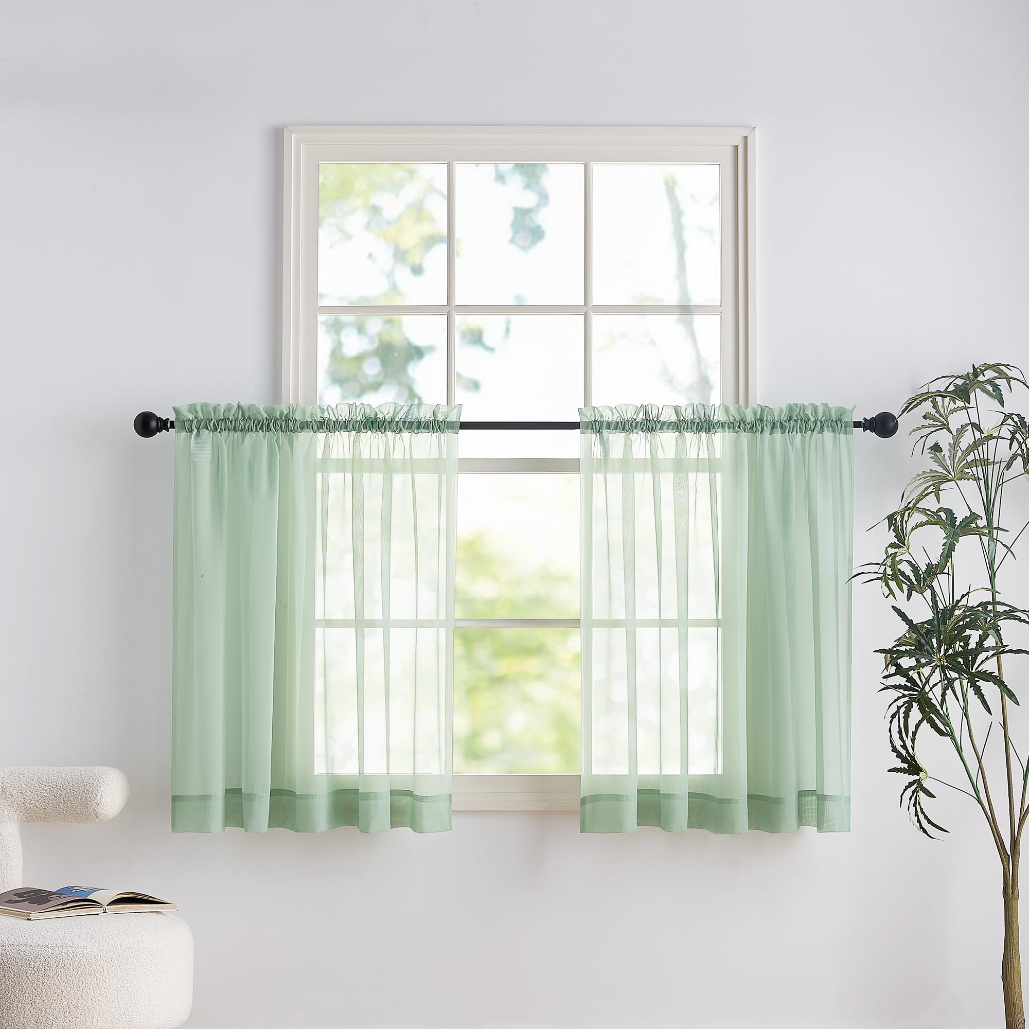 PONY DANCE Sage Green Net Curtains for Windows 60x36 Inches - Slot Top Super Soft Short Voile Curtains Light Filtering Semi Transparent Sheer for Living Room/Kitchen Privacy Protection, 2 Panels