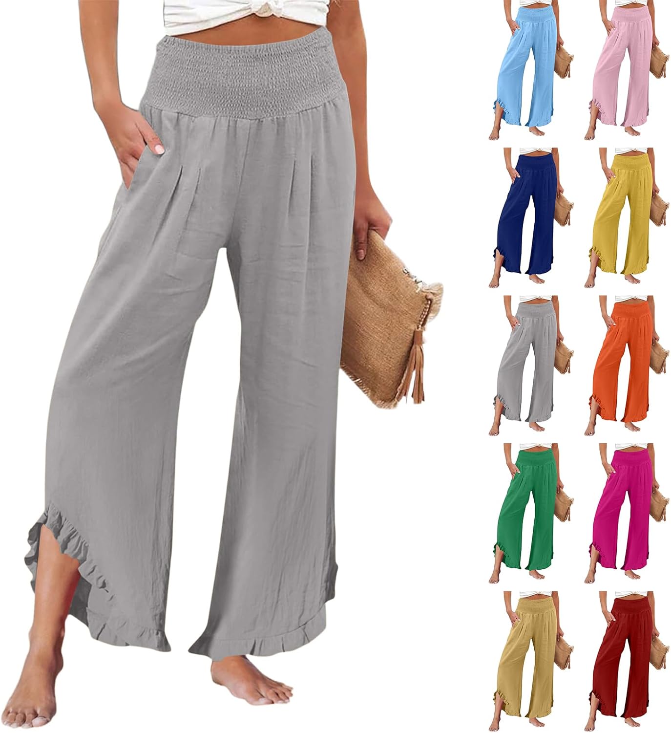 eoeioa Linen Pants Women Trendy Smocked Ruffled Hem Wide Leg Pants Casual Lightweight Summer Vacation Beach Trousers Pockets