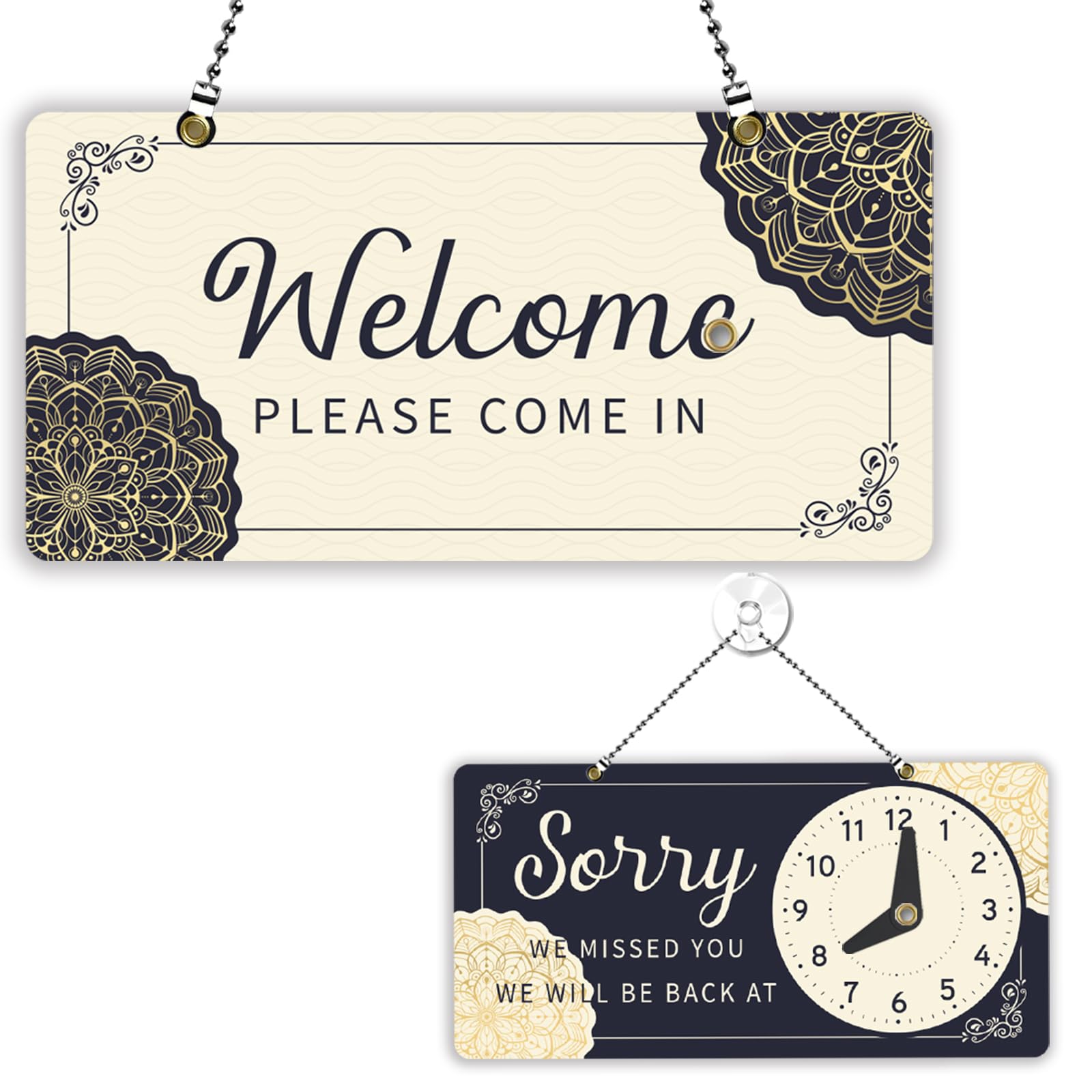 PLIGREAT Mandala Welcome Open Sign Double-Sided Open Closed Sign with Clock Sorry We Missed You Signs for Business Retail Store Window Wall Decor Hanging Door Signs with Chain