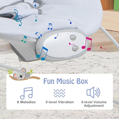 Miniatura 5 de HONEY JOY Portabebés, balancín portátil para recién nacido y asiento estacionario con vibraciones relajantes, barra extraíble, música, arnés