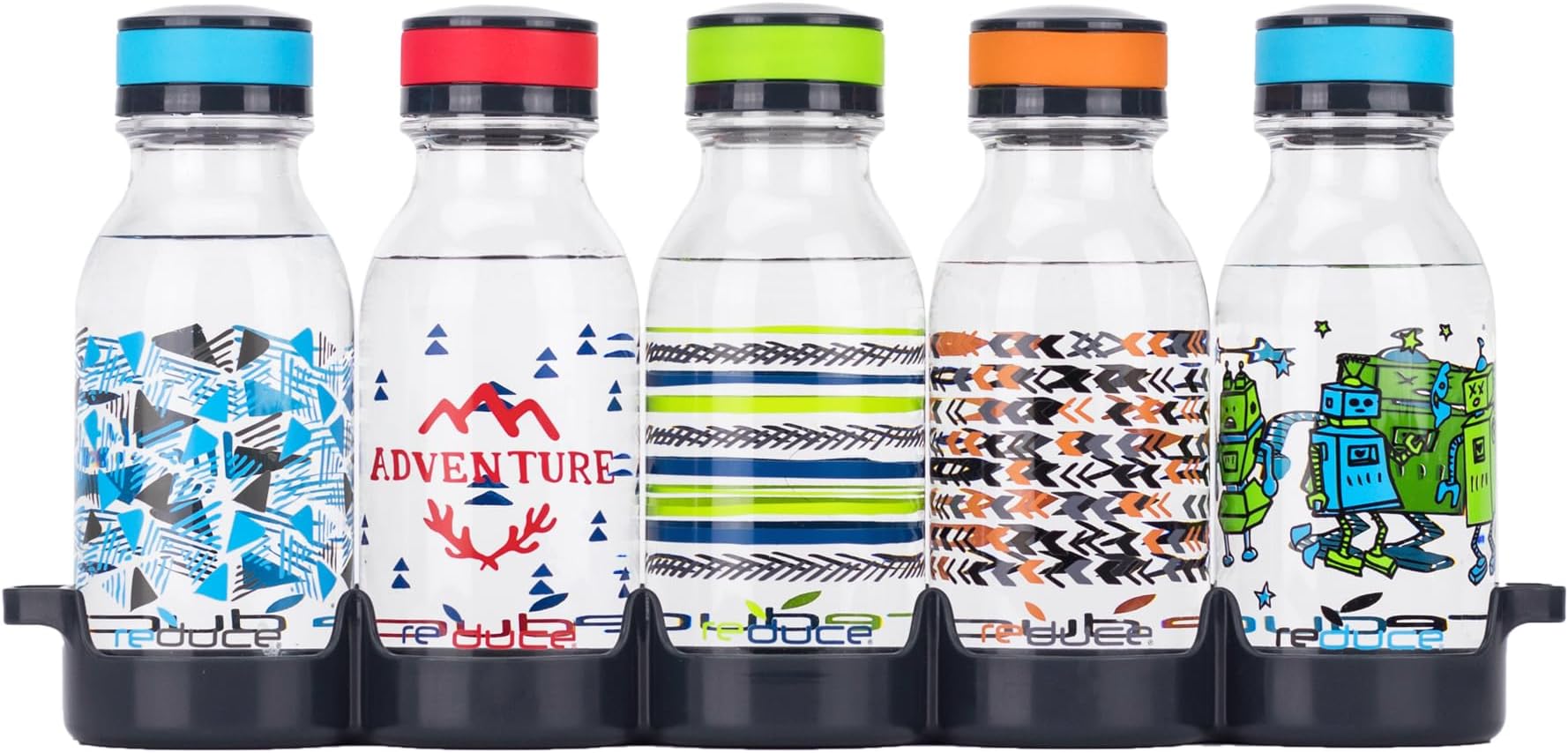 REDUCE WaterWeek Refillable Water Bottles, 14 oz - Includes 5 WaterWeek Leak Proof Tritan Reusable Water Bottles - Includes Fridge Tray For Your Water Bottles - Adventure
