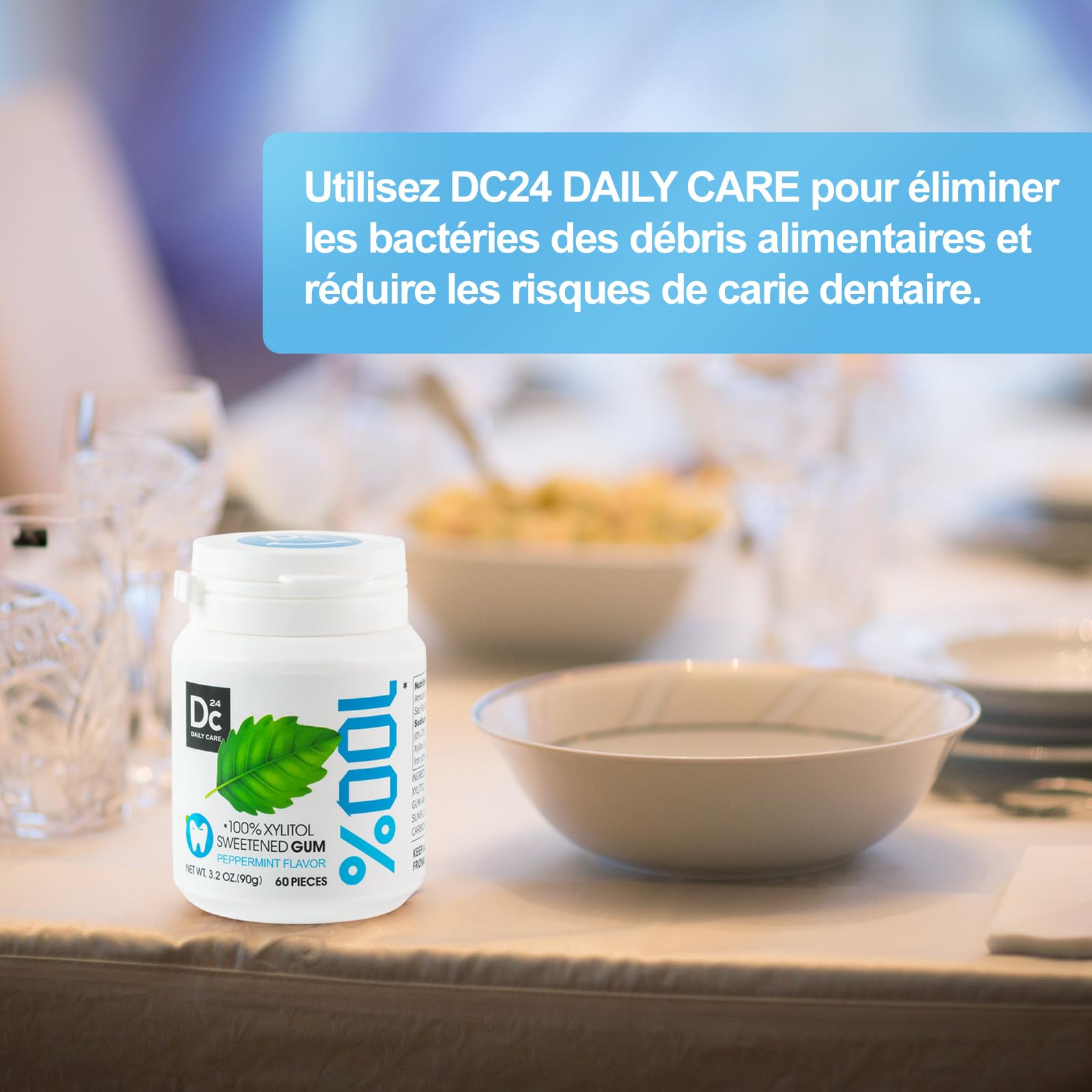 DC24 DAILY CARE 100% Xylitol Gum, sans aspartame, chewing-gum à la menthe poivrée sans sucre, 60 pièces, paquet de 2