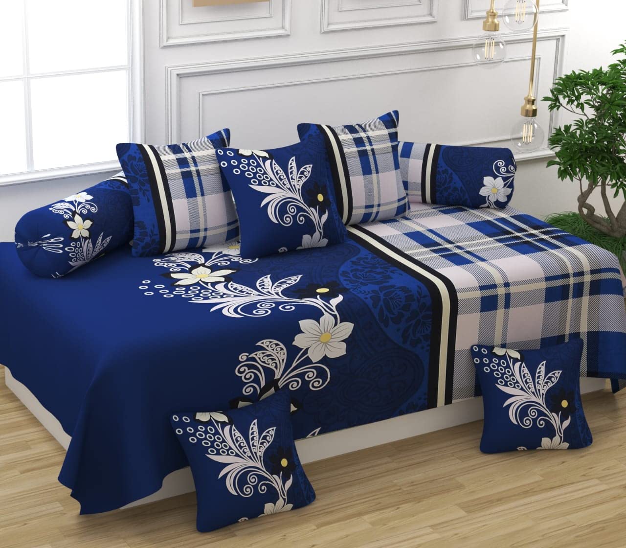 Jyotaksh 200Tc Diwan Set Cotton 8 Piece|Deewan Printed Bedsheet Sets For Living Room Hall(Set Of 8 Piece,1-Bed Sheet 60X90 Inch|2-Bolster Cover 16X32 Inch|5-Cushion Cover 16X16 Inch)(Diwan6),G,Blue