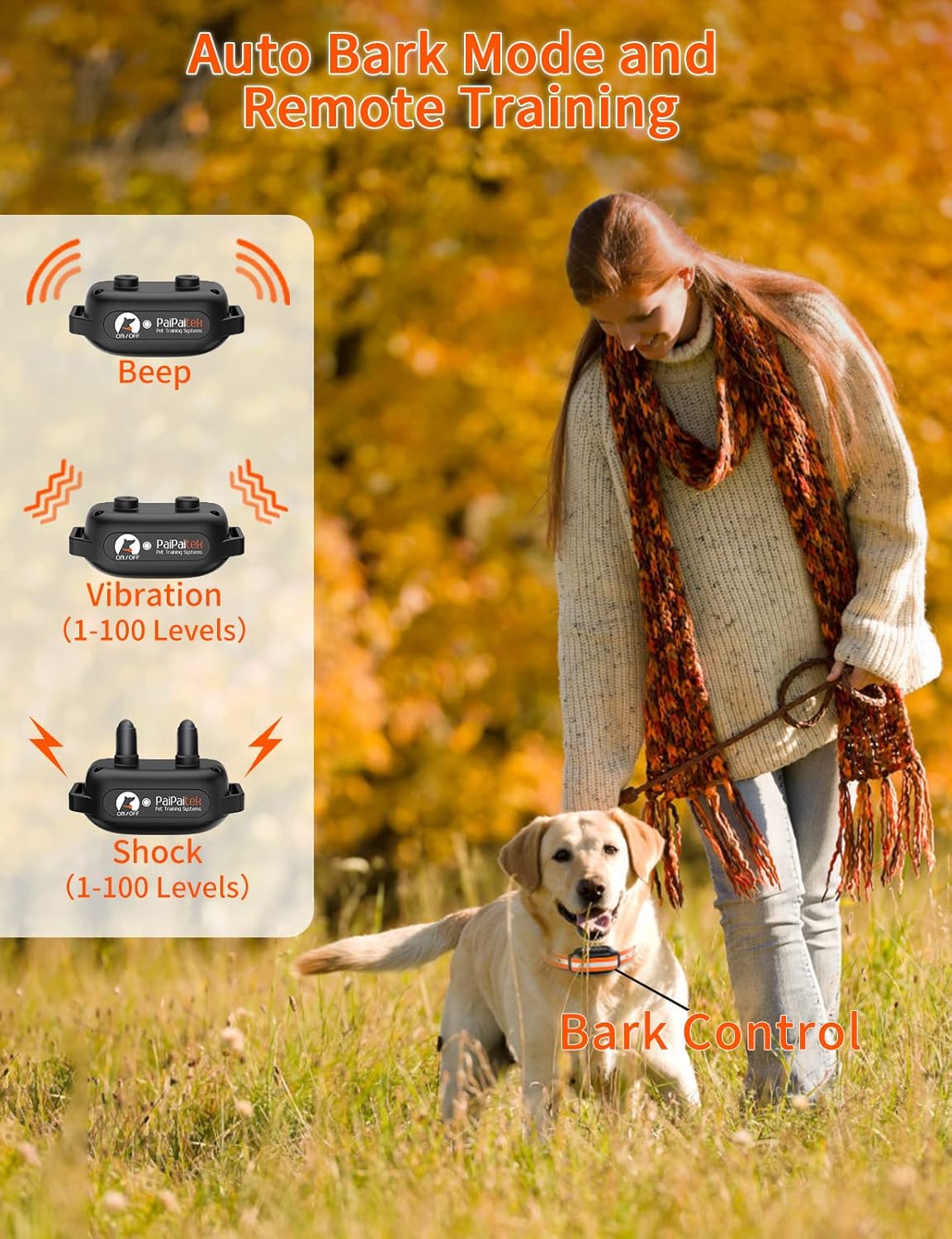 PaiPaitek 2-in-1 Dog Bark Collar and Shock Collar with Remote 3300ft Range - 5 Adjustable Sensitivity Levels, IP67 Waterproof Training Collar for Small, Medium, and Large Dogs (5-120 lbs)