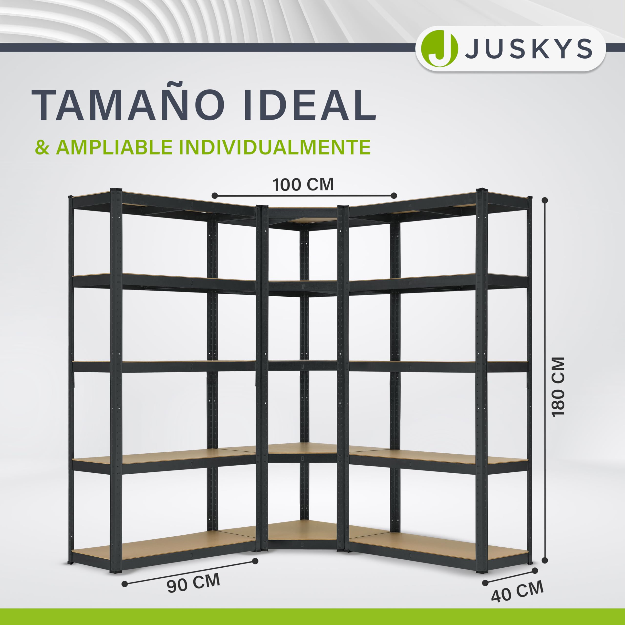 Juskys Juego de 3 estanterías metálicas Easy | 1 estantería esquinera y 2 estanterías de Almacenamiento | 15 estantes de Madera MDF | 2625 kg | Estantería para Cargas Pesadas en Color Gris