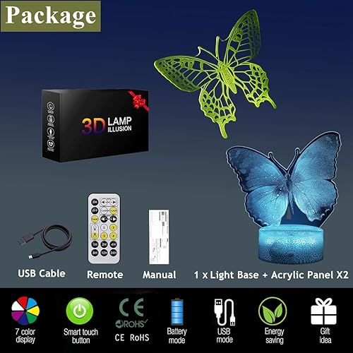 Miniatura 9 de Luz nocturna de mariposa, regalos de mariposa para niños y niñas, lámpara LED 3D de animales ilusión con control remoto, 16 colores cambiantes +