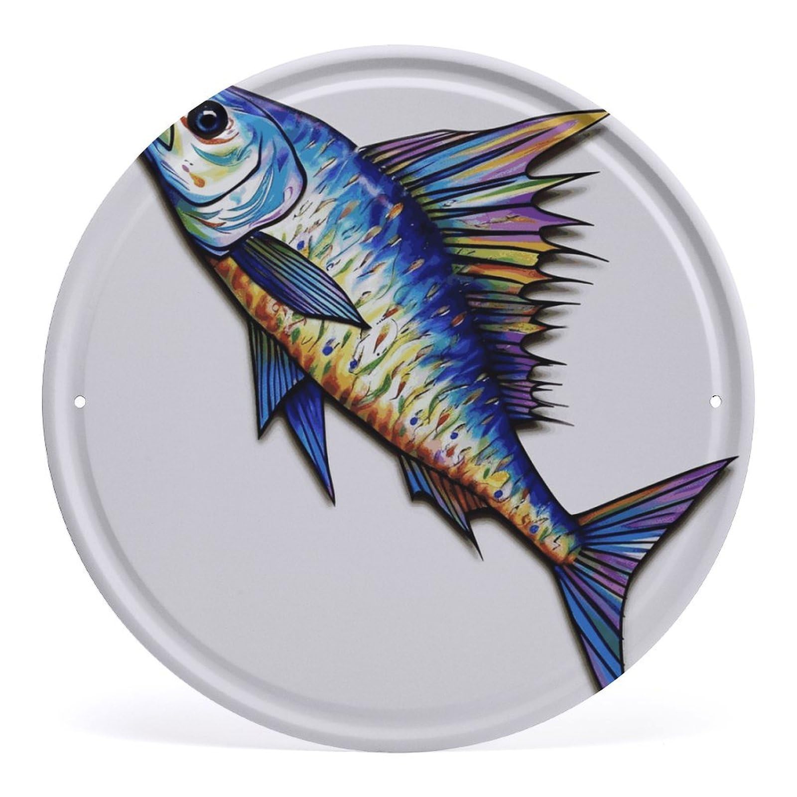 Fodpand Style Fish Art Round Wall Art Hanging Decorations, Wall Decor Modern Minimalist Artwork, Tin Sign Hanging Picture For Living Room, Bedroom, Office, Hallway, 11.8X11.8 Inch