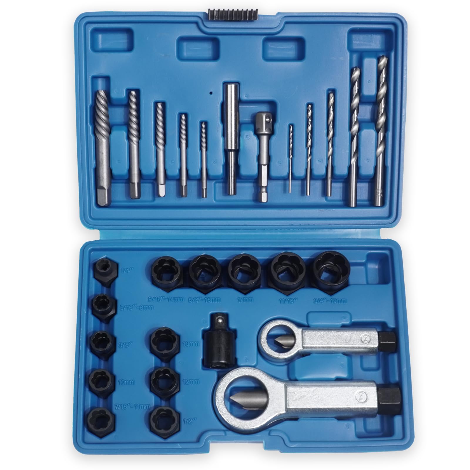 28 Piezas Kit de Extractor para Tuercas Dañadas con Extractores y Separadores de Tuercas Acero Chromoly Accionamiento 3/8" Brocas HSS Para Automoción Industria Bricolaje