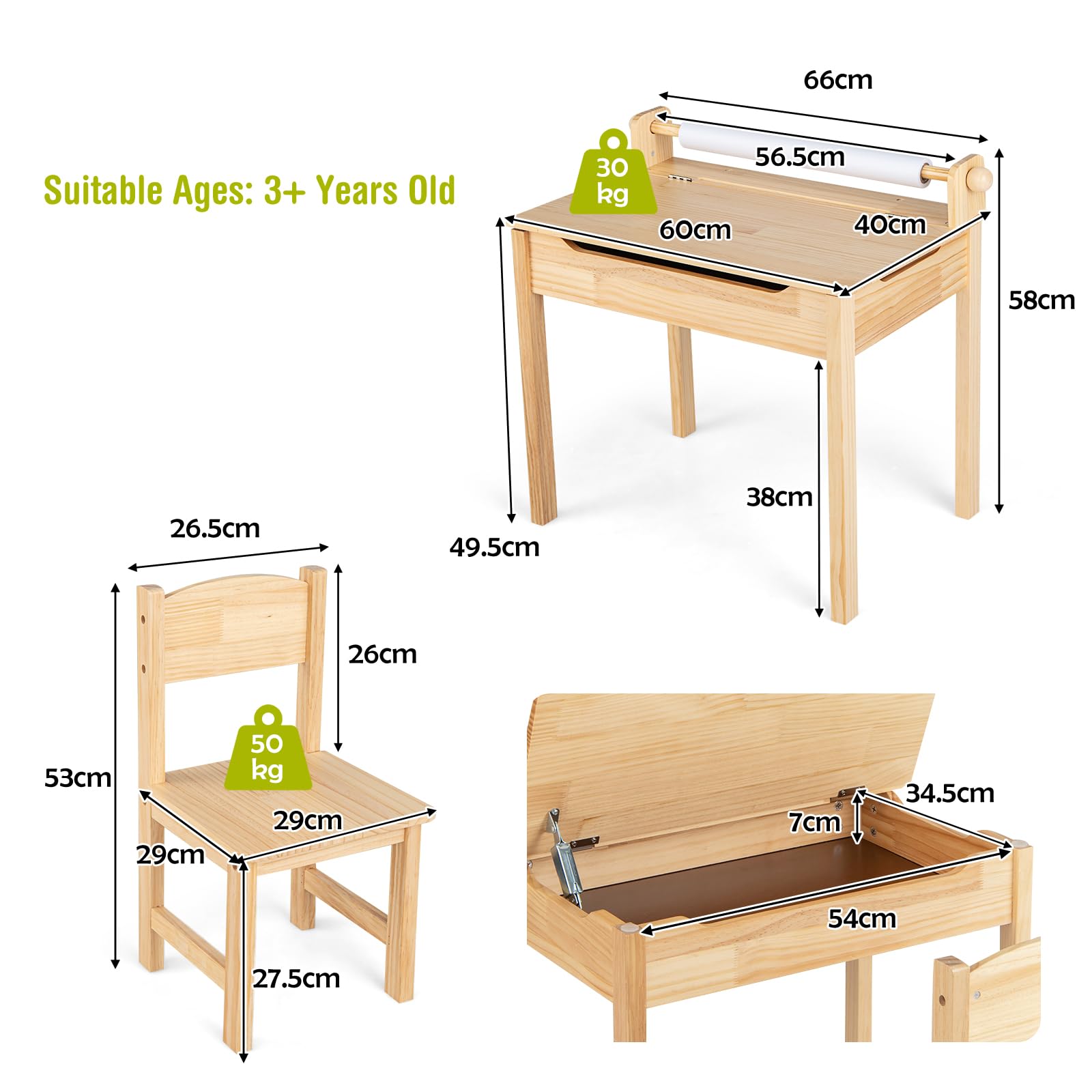 LIFEZEAL Juego de Mesa y Silla Infantil, pupitre Escolar con Silla y cajón, Escritorio con Tablero Plegable y portarrollos de Papel, Conjunto de pupitre para niños de 3 a 12 años (Natural)