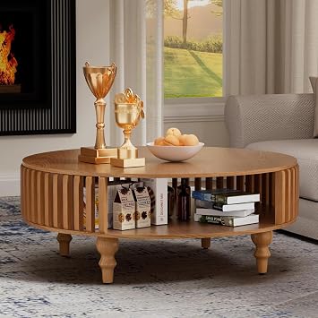Round Coffee Table with Storage Shelf, 39.4" Mid Century Modern Wooden Coffee Table with Side Grille Decoration, 2-Tier Circle Center Tables for Living Room, Small Space,Wood 39.4"