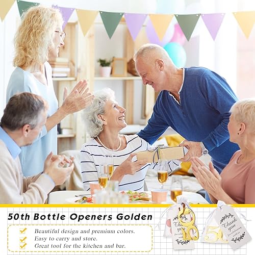 Miniatura 6 de 150 recuerdos de fiesta de cumpleaños número 50, 50 unidades de abrebotellas de fiesta de cumpleaños 50, 50 bolsas de organza blanca transparente,