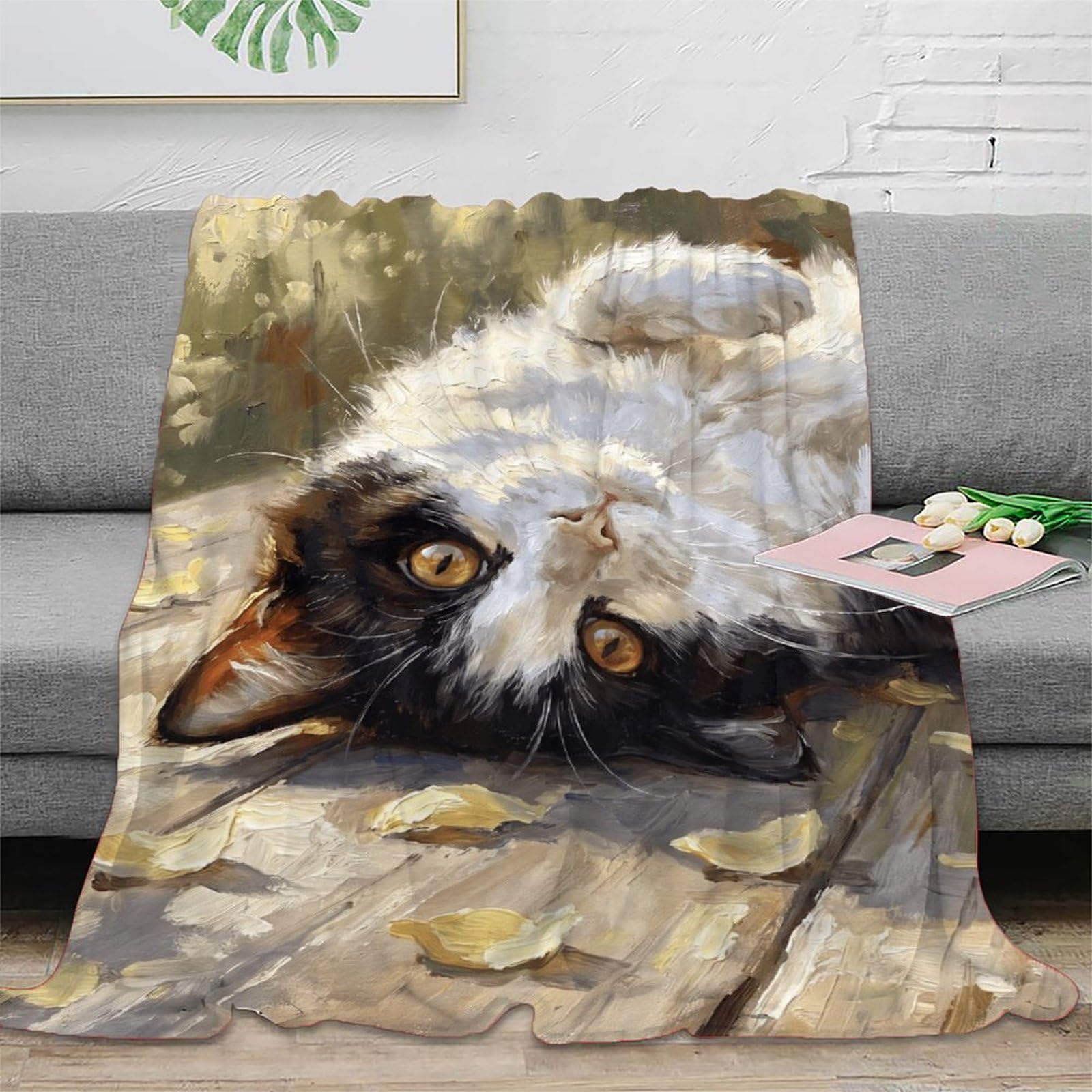 H3B8U2Y5 Upside Down Tuxedo Cat Blanket, Flannel, TV, Whimsical Cat Art