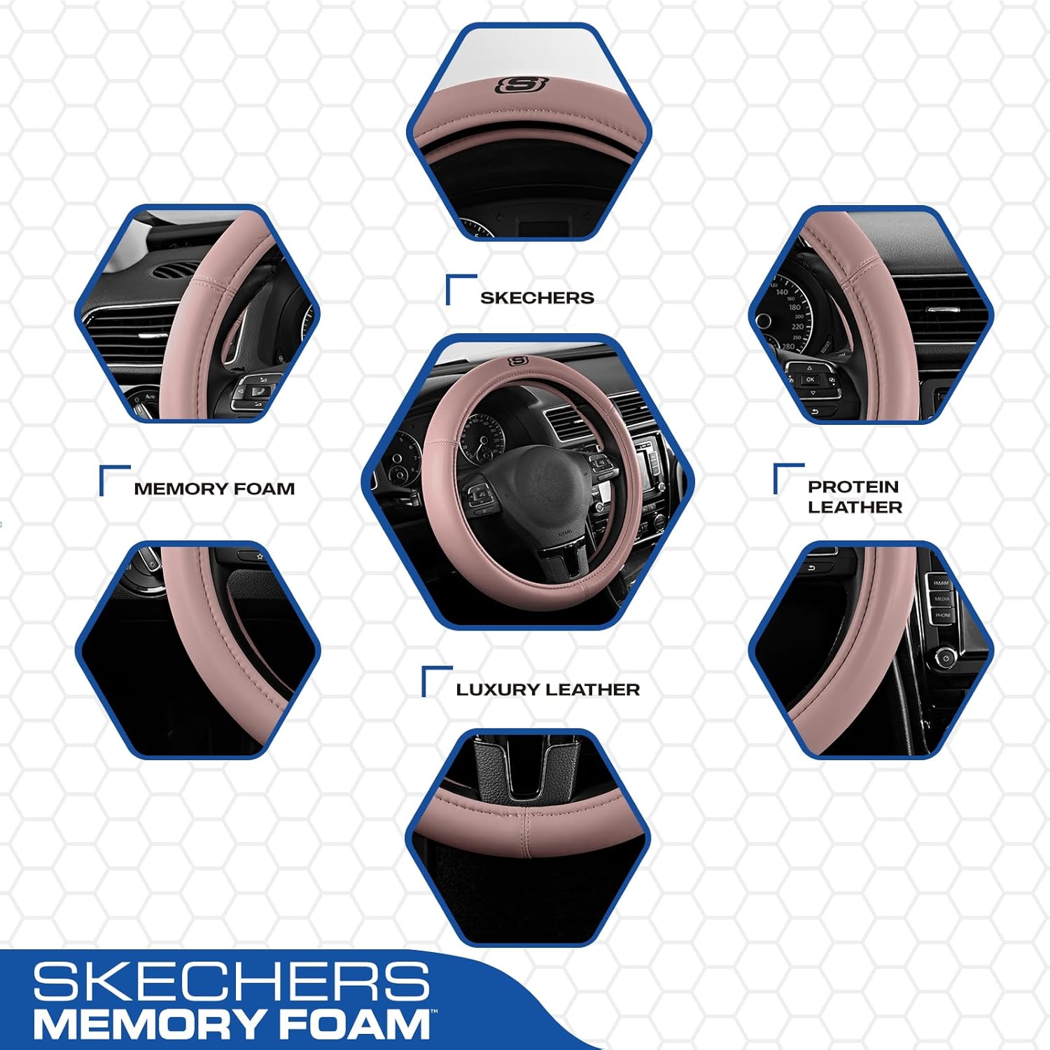 Skechers Memory Foam Pink Steering Wheel Cover,Grade Protein Leather Steering Wheel Cover,Universal Fit 14" 1/2-15" Car Wheel Cover for Women Stylish Decor Gifts Fit Suvs,Vans,Sedans,Car,Trucks,Pink - Image 3