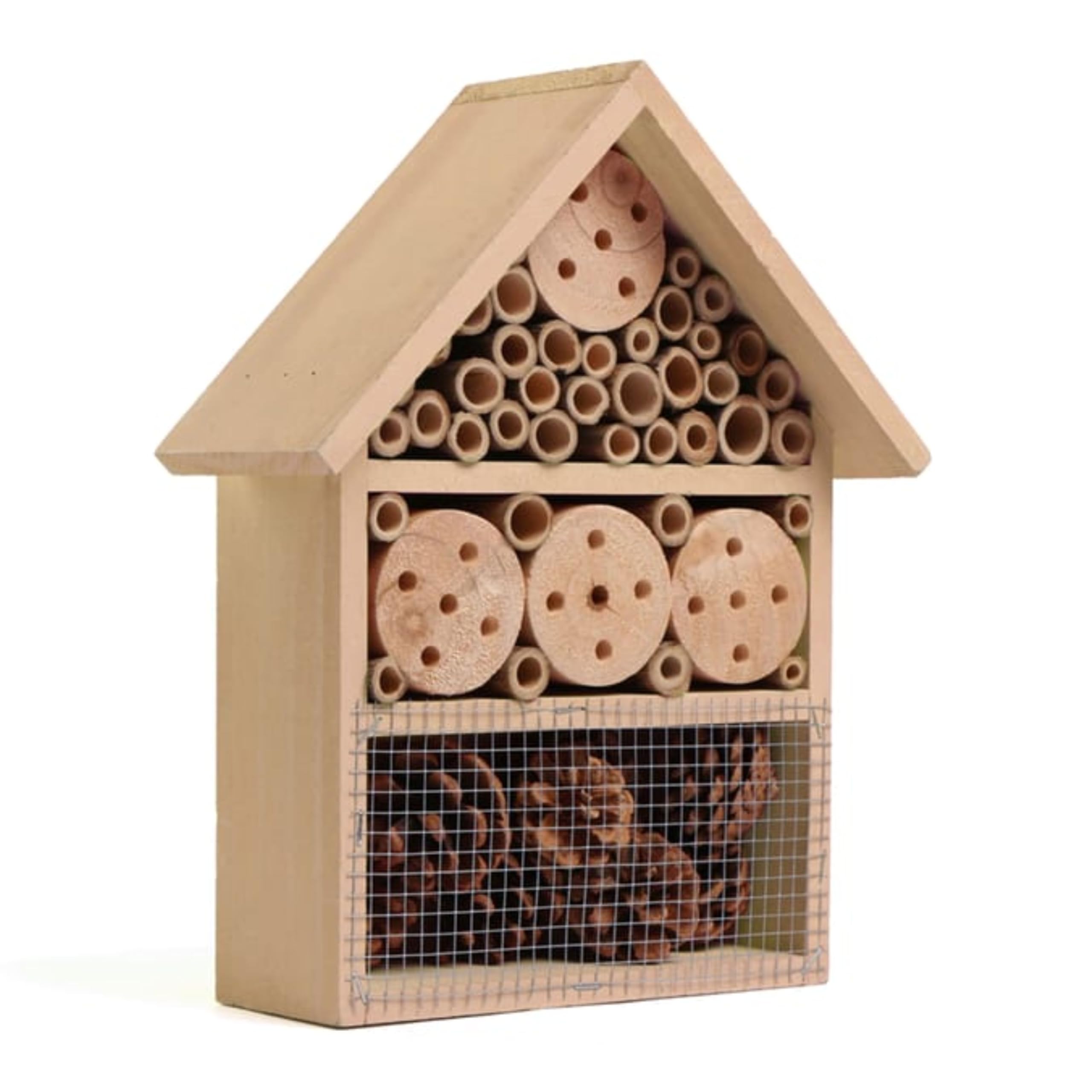 rightclick Wooden Bee Butterfly & Insect Hotel, Wildlife Bee Insect Hotel House Garden Nest Shelter Box, Hanging House for Pollinator Bees, Ladybugs, Carpenter Bee (H30xW25xD10cm) (Natural, Small)