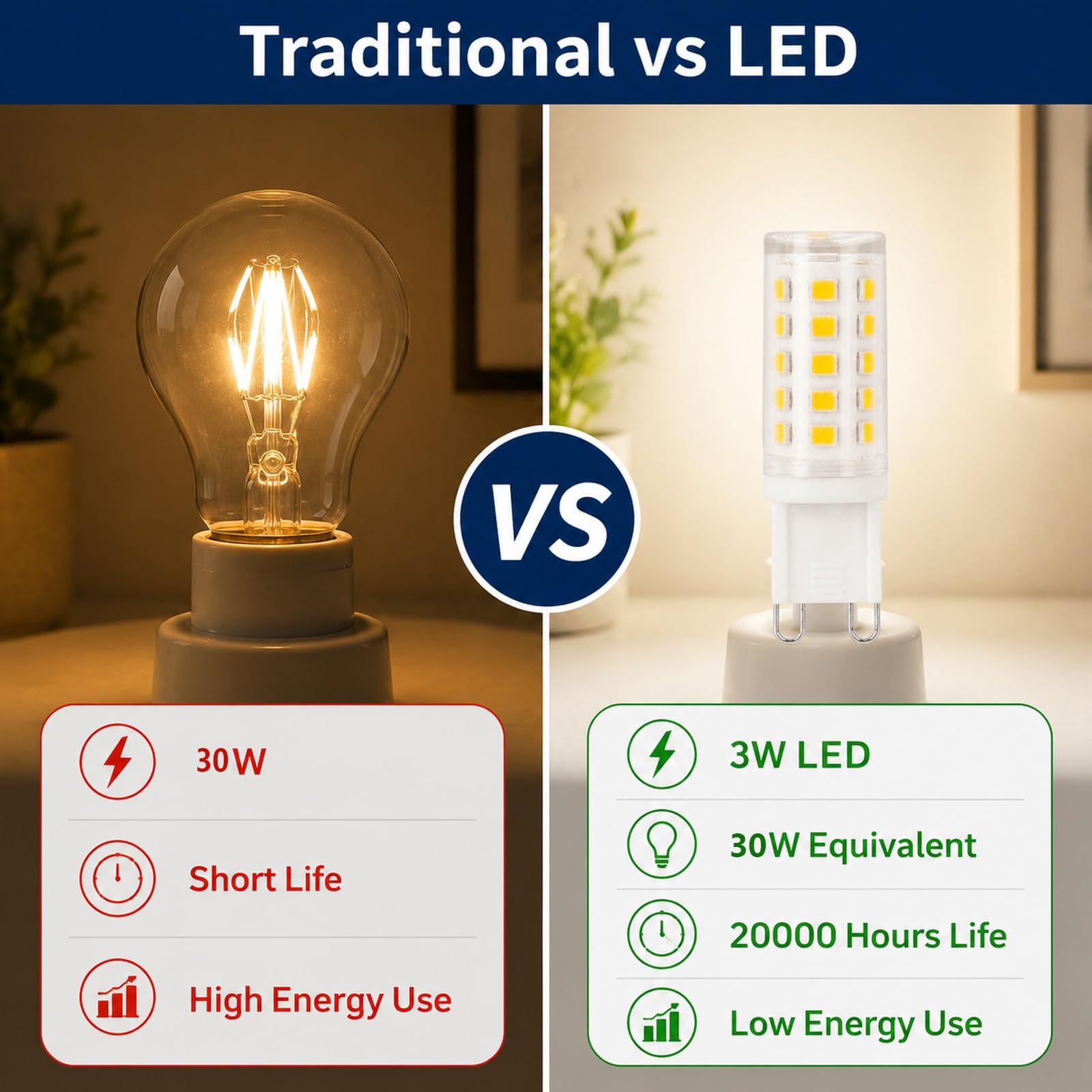 Bombilla LED G9 Bayoneta Tipo Maíz, 3000K/4000K, 3W Reemplaza 30W Halógeno, Ahorro Energía, CRI≥80, Sin Parpadeo, Para Arañas Cristal, Apliques(Natural white 4000K,9 Pack)