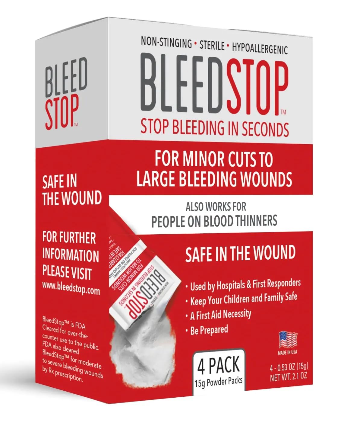 BleedStop™ First Aid Powder for Blood Clotting, Trauma Kit, Blood Thinner Patients, Camping Safety, and Survival Equipment for Moderate to Severe Bleeding Wounds or Nosebleeds - 4 (20g) Pouches