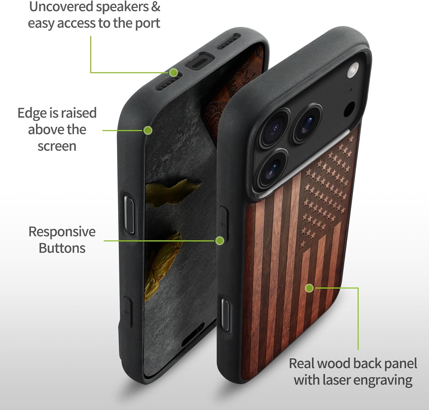 Carveit Magnetic Wooden Case for iPhone 17 Pro Max Case, Wood Artisan Engraved & Black Soft TPU Shockproof Cover, Compatible with MagSafe Wireless Chargers (The Classic American Flag) Rosy - Image 7