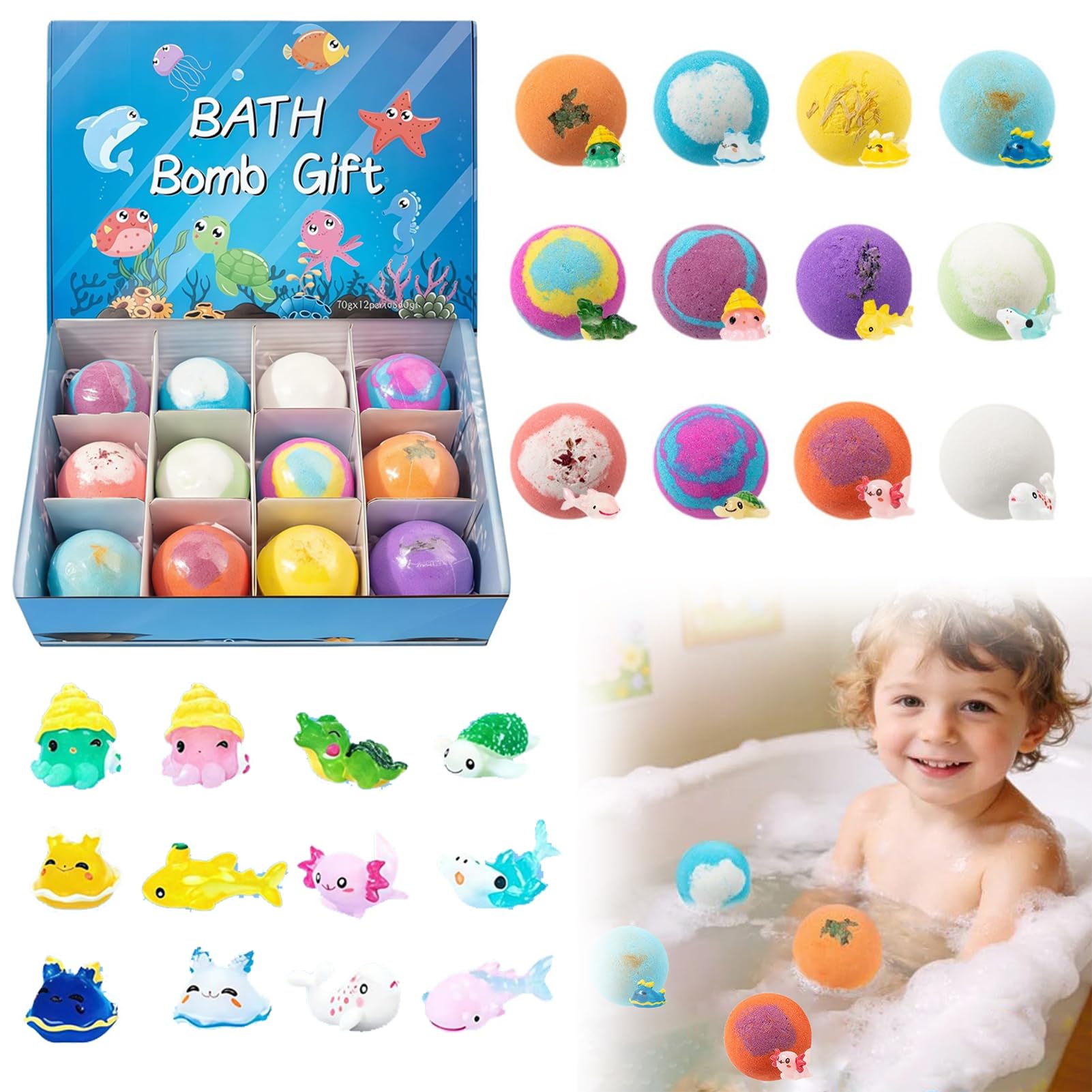 Set regalo di 12 bombe da bagno per bambini, Bombe da bagno per bambini con una sorpresa all'interno, Bombe da Bagno oceano a Sorpresa, Bombe da bagno schiumose, bombe da doccia per bambine e bambini