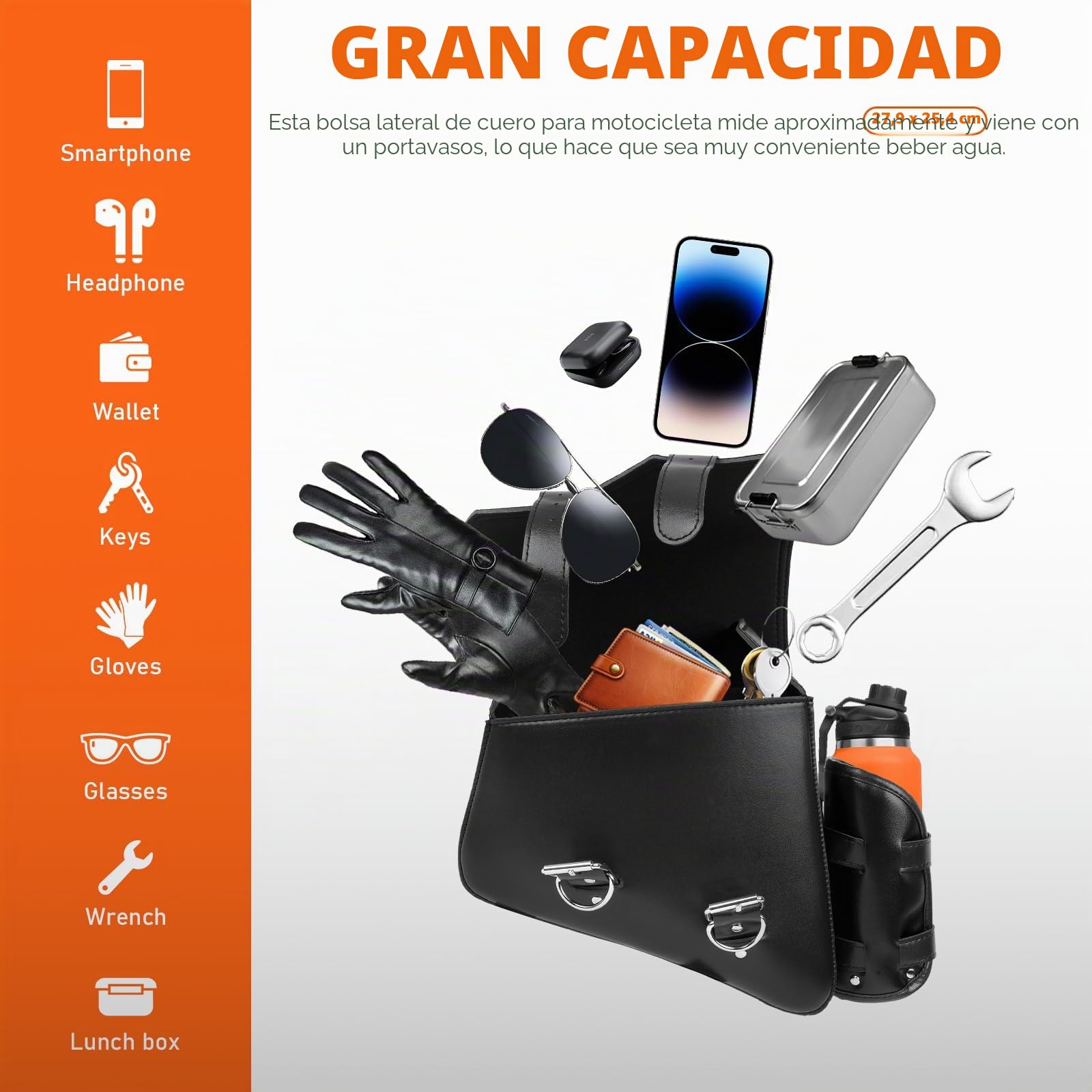 DREAMIZER Bolsa de Sillín Lateral de Cuero Sintético para Motocicleta con Brazo Oscilante Compatible Harley Honda Kawasaki Suzuki Yamaha