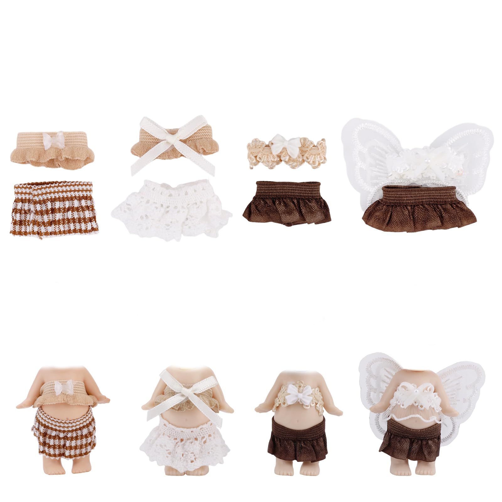 4 Sets 3in Doll Clothes Outfits, Toy Collector Costume with Tops & Skirts Doll Clothing Set for Display and Decoration (Brown, White)