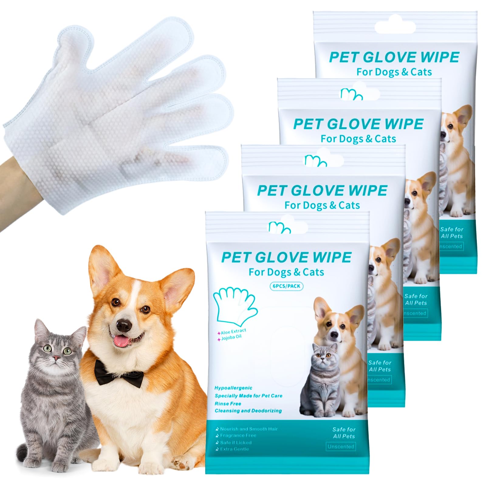 DRADERCH 24 Stück Hypoallergene Handschuhtücher für Hunde & Katzen,Reinigungshandschuhe für Haustiere | Antiallergisch & Hautfreundlich für Haustiere- Sanfte Reinigung & Geruchsentfernung