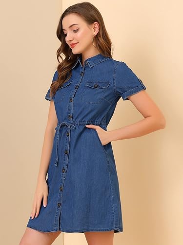 Miniatura 2 de Allegra K Vestido de mezclilla para mujer, manga corta, lazo en la cintura, casual, con botones, camisa de mezclilla