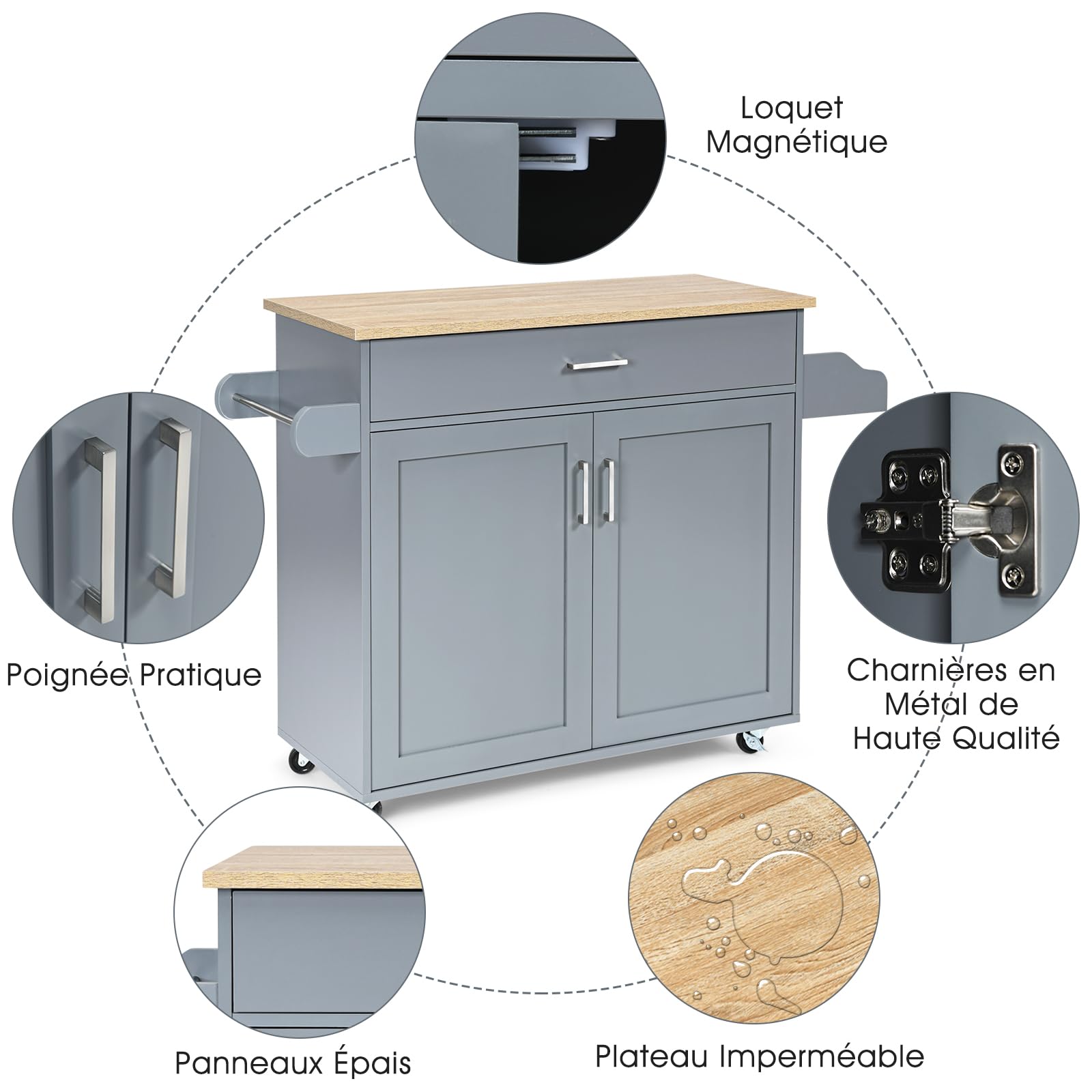 GIANTEX Desserte à roulettes avec Plan de Travail 90 x 40 cm, Desserte de Cuisine avec Grand Tiroir et Armoire à 2 Portes, Porte-Épices et Porte-Serviettes,116 x 40 x 85 cm (Gris)