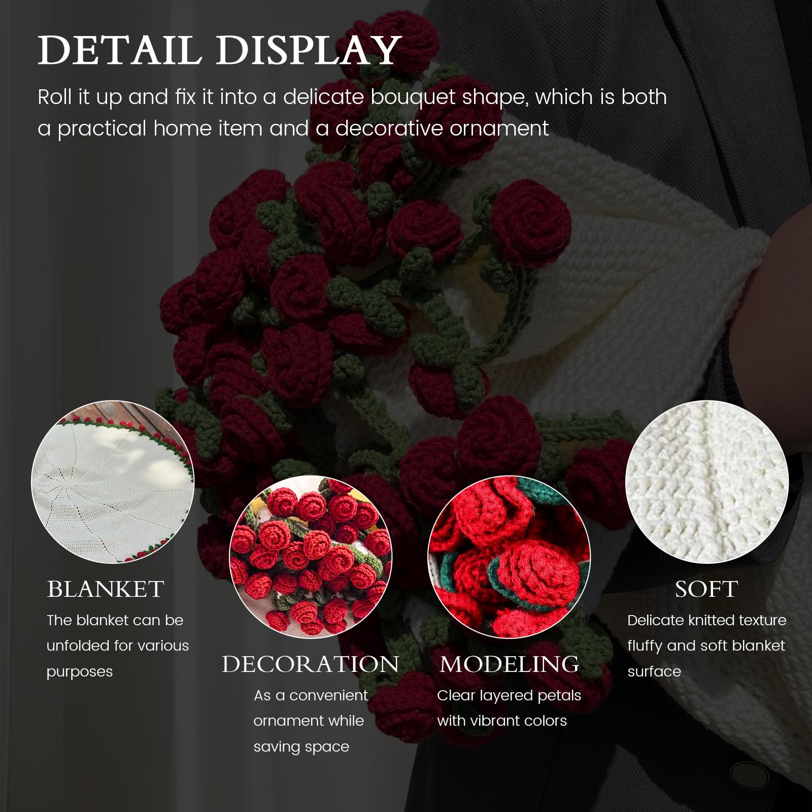 Manta de ramo, Ramo de flores manta, Diámetro 120 x 120 cm,manta de ramo de flores de ganchillo, suave y ligera, para decoración de Cama del hogar, guardería, Boda, inauguración de la casa,52 rosas 3D